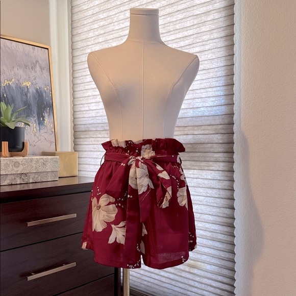 SHEIN Pants - Woman's Shein Red Floral Print High Waisted Shorts with Bow Tie. Size Small